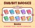 Book Twitch sub badge pack featuring 10 subscriber badges in multiple color variations.