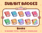 Book Twitch sub badge pack featuring 10 subscriber badges in multiple color variations.