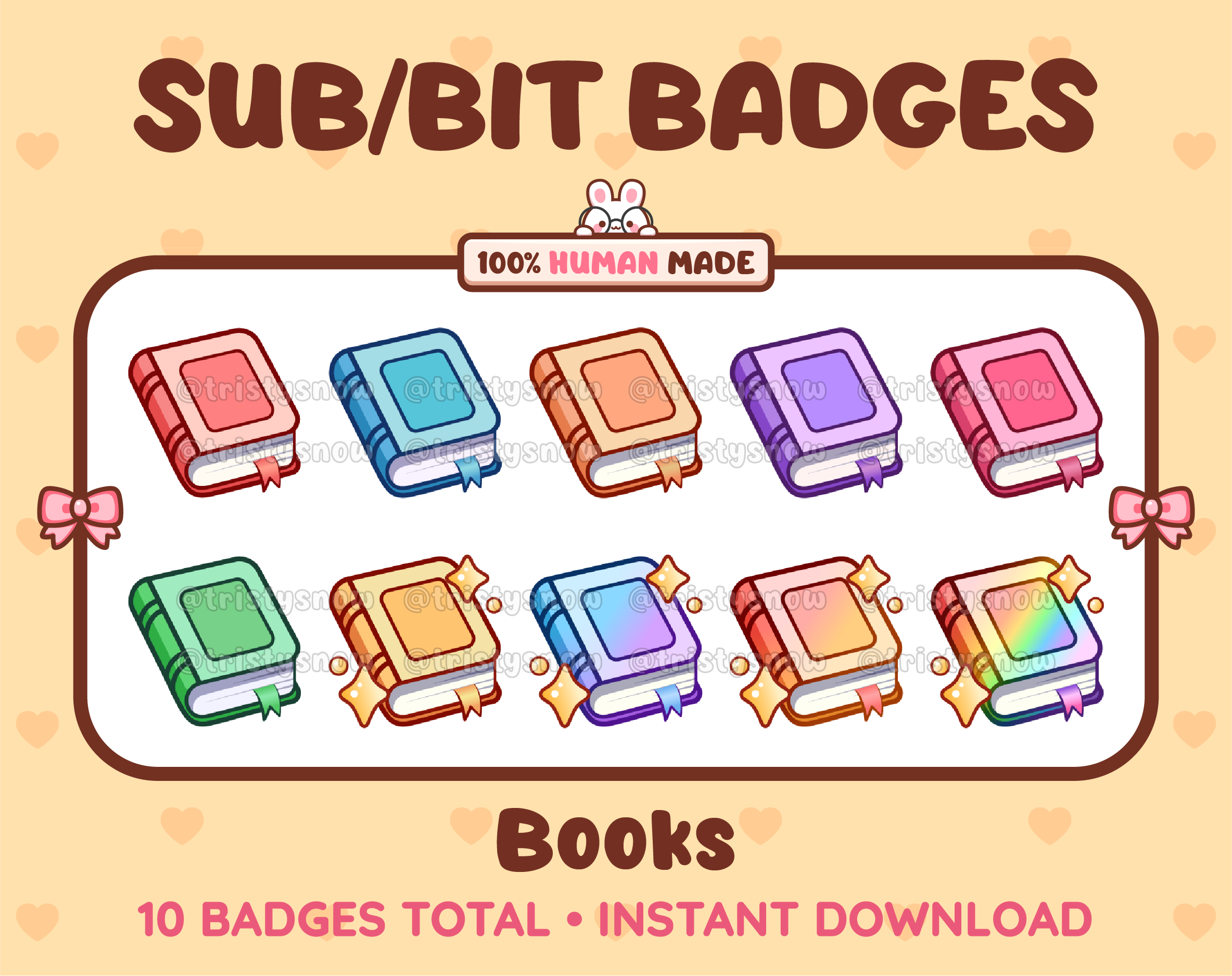Book Twitch sub badge pack featuring 10 subscriber badges in multiple color variations.