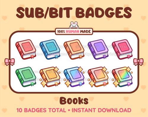 Book Twitch sub badge pack featuring 10 subscriber badges in multiple color variations.