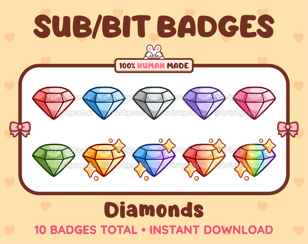 Diamond Twitch sub badge pack featuring 10 subscriber badges in multiple color variations.