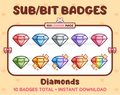 Diamond Twitch sub badge pack featuring 10 subscriber badges in multiple color variations.