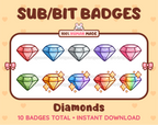 Diamond Twitch sub badge pack featuring 10 subscriber badges in multiple color variations.