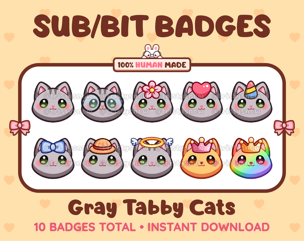 Gray tabby Cat Twitch sub badge pack featuring 10 subscriber badges with progressive addon elements.