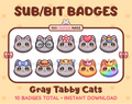 Gray tabby Cat Twitch sub badge pack featuring 10 subscriber badges with progressive addon elements.