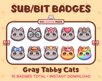 Gray tabby Cat Twitch sub badge pack featuring 10 subscriber badges with progressive addon elements.