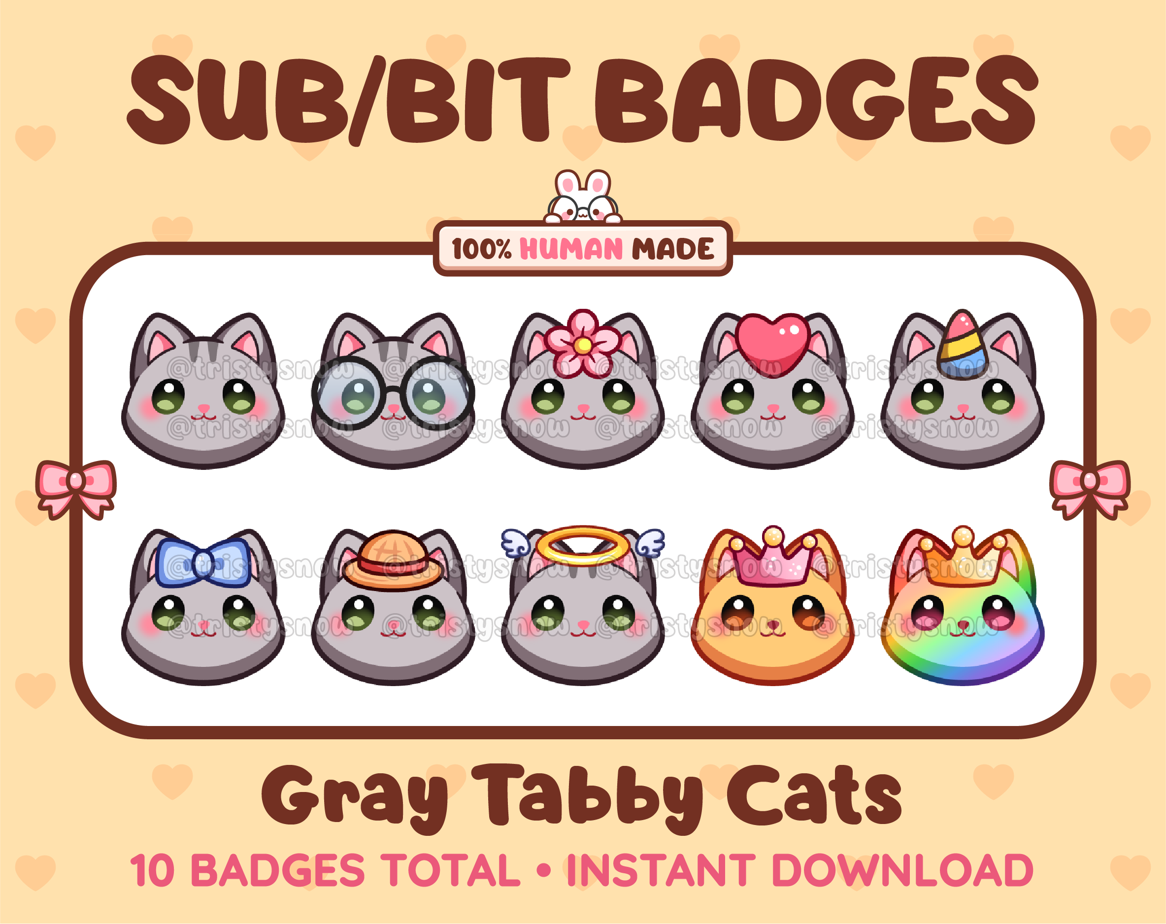 Gray tabby Cat Twitch sub badge pack featuring 10 subscriber badges with progressive addon elements.
