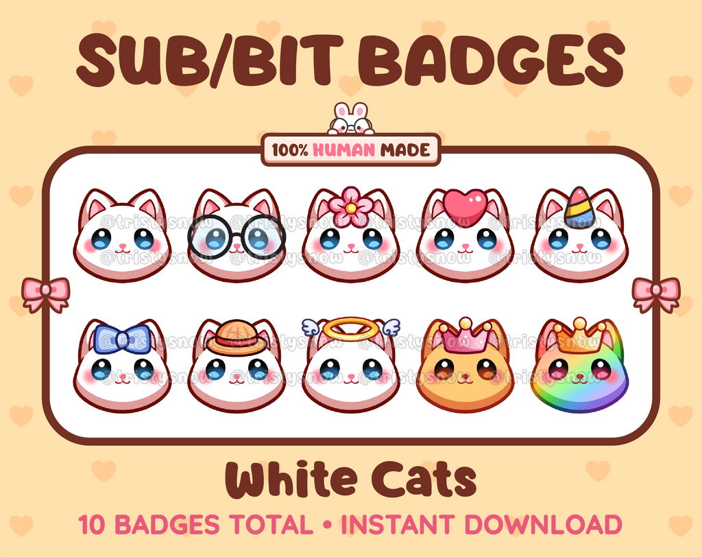 White Cat Twitch sub badge pack featuring 10 subscriber badges with progressive addon elements.