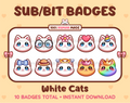 White Cat Twitch sub badge pack featuring 10 subscriber badges with progressive addon elements.