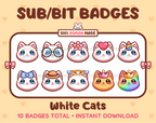 White Cat Twitch sub badge pack featuring 10 subscriber badges with progressive addon elements.