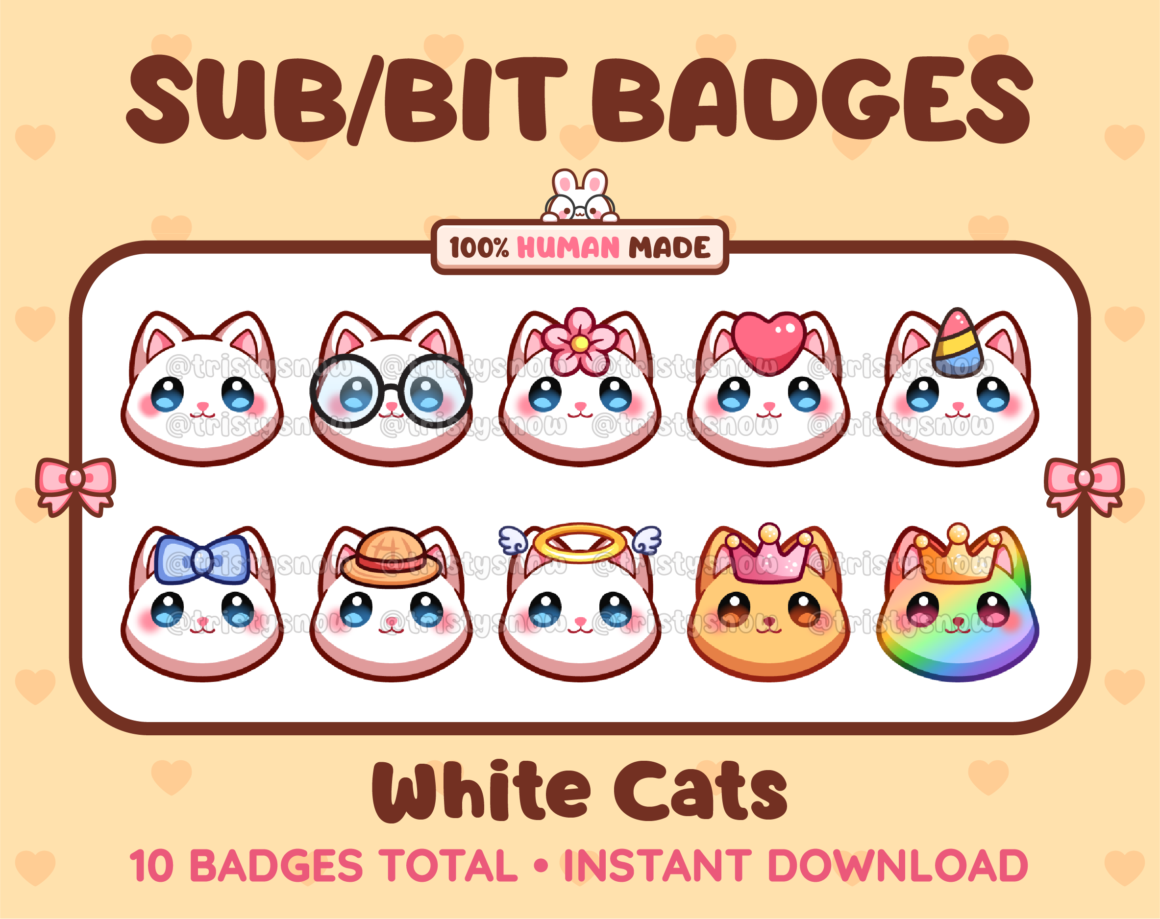 White Cat Twitch sub badge pack featuring 10 subscriber badges with progressive addon elements.