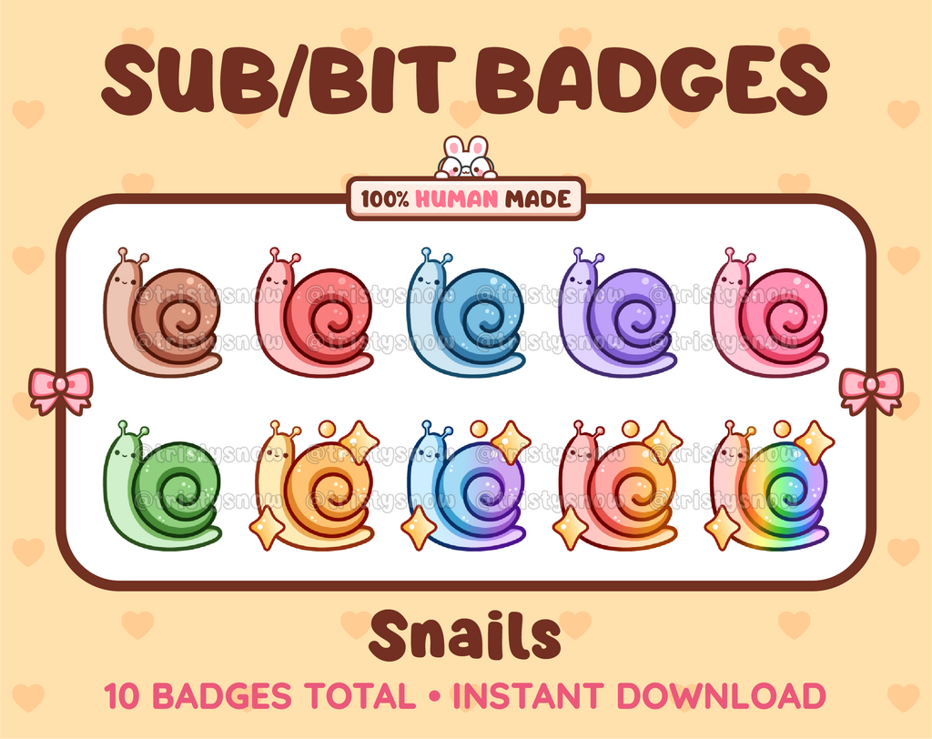 Snail Twitch sub badge pack featuring 10 subscriber badges in multiple color variations.
