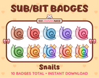 Snail Twitch sub badge pack featuring 10 subscriber badges in multiple color variations.