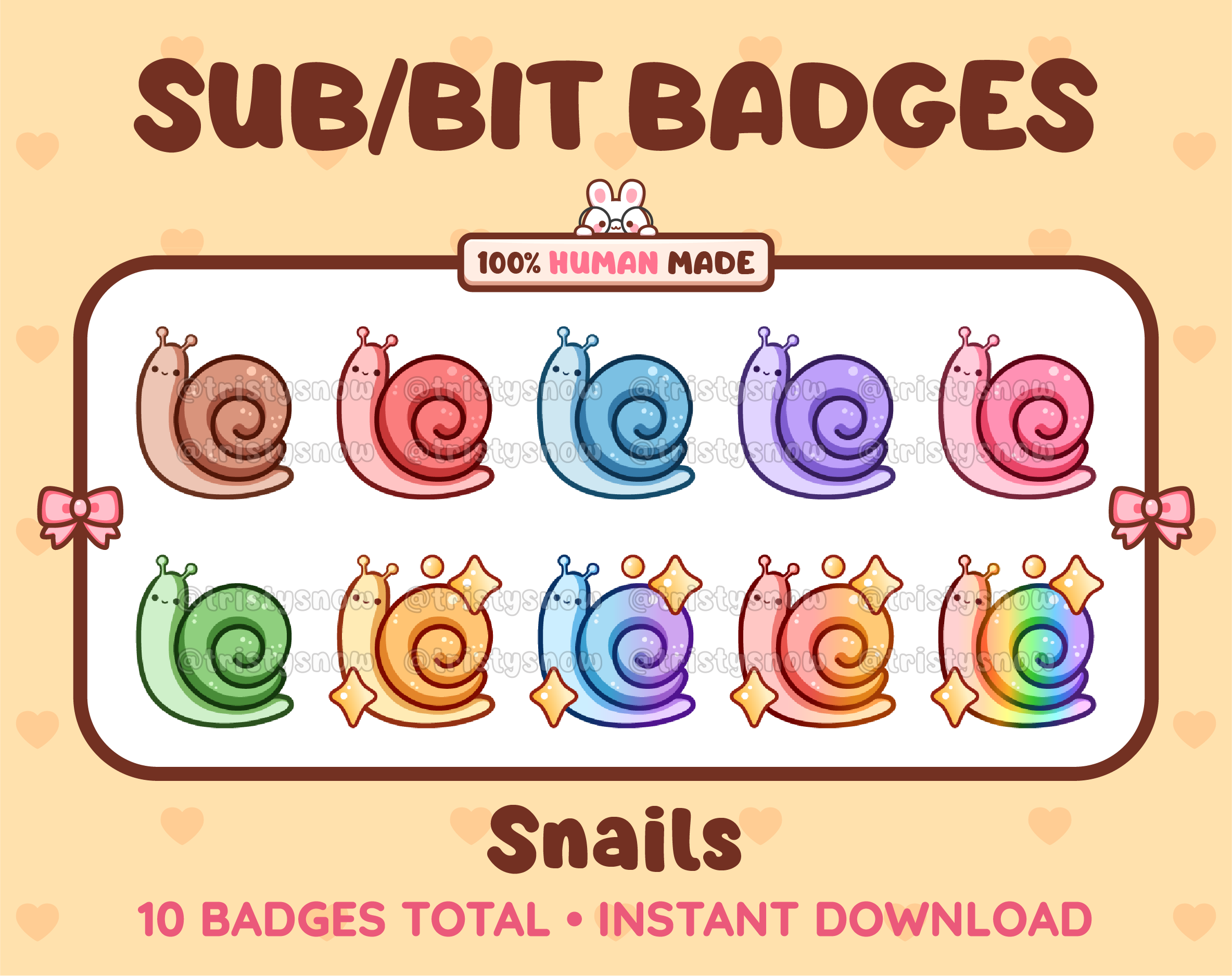 Snail Twitch sub badge pack featuring 10 subscriber badges in multiple color variations.