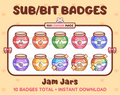 Jam Jar Twitch sub badge pack featuring 10 subscriber badges with different flavors.