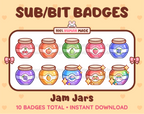 Jam Jar Twitch sub badge pack featuring 10 subscriber badges with different flavors.