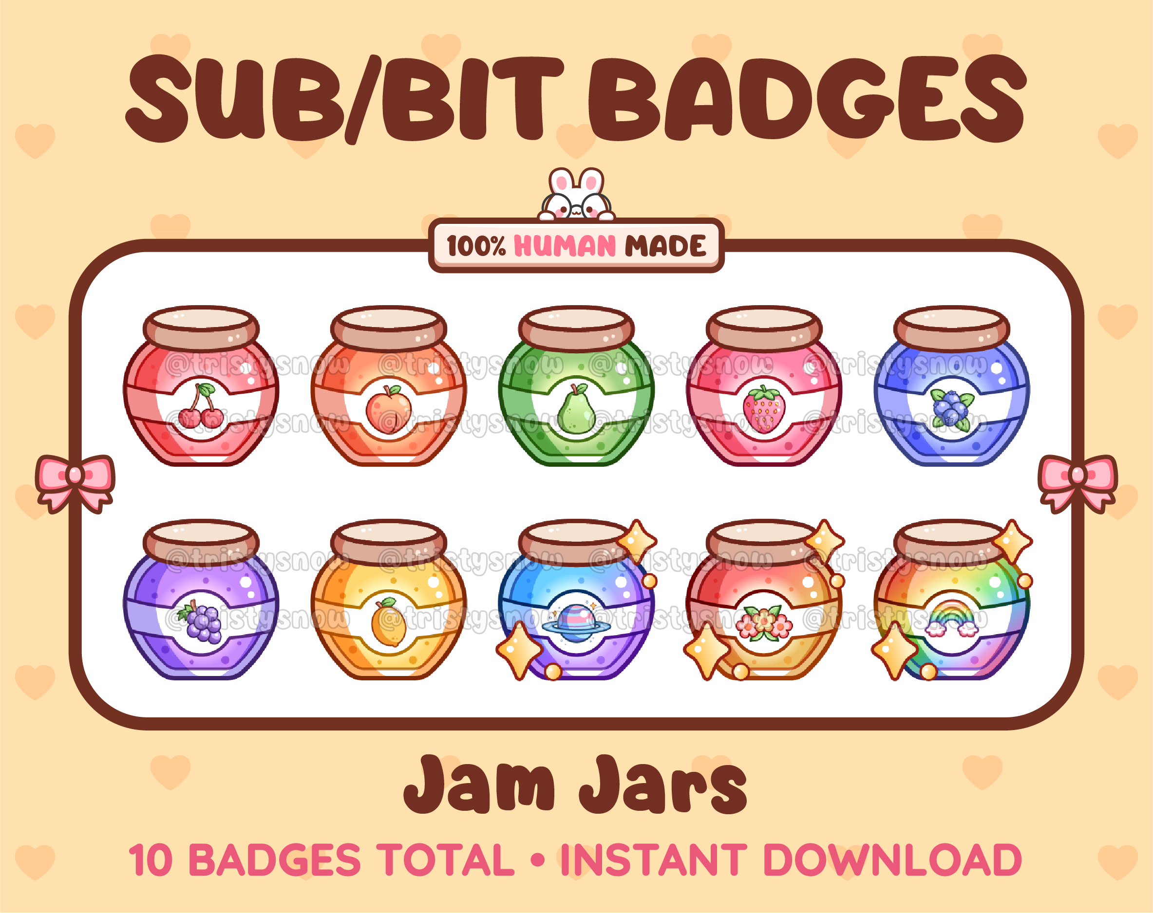 Jam Jar Twitch sub badge pack featuring 10 subscriber badges with different flavors.