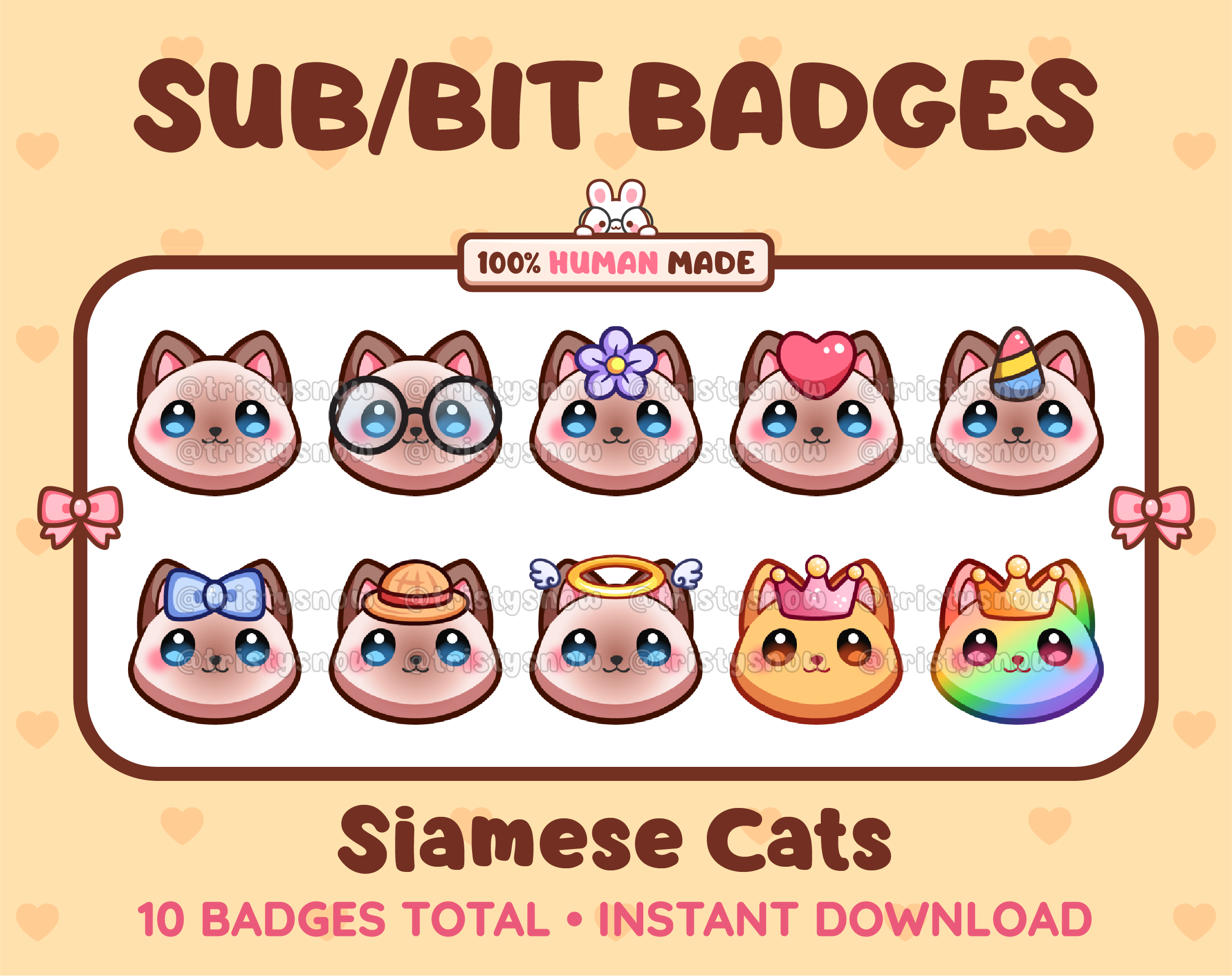 Siamese Cat Twitch sub badge pack featuring 10 subscriber badges with progressive addon elements.