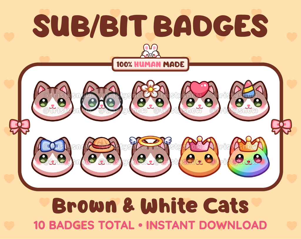 Brown and white Cat Twitch sub badge pack featuring 10 subscriber badges with progressive addon elements.