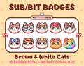 Brown and white Cat Twitch sub badge pack featuring 10 subscriber badges with progressive addon elements.