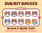 Brown and white Cat Twitch sub badge pack featuring 10 subscriber badges with progressive addon elements.