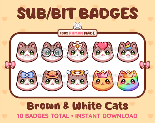 Brown and white Cat Twitch sub badge pack featuring 10 subscriber badges with progressive addon elements.