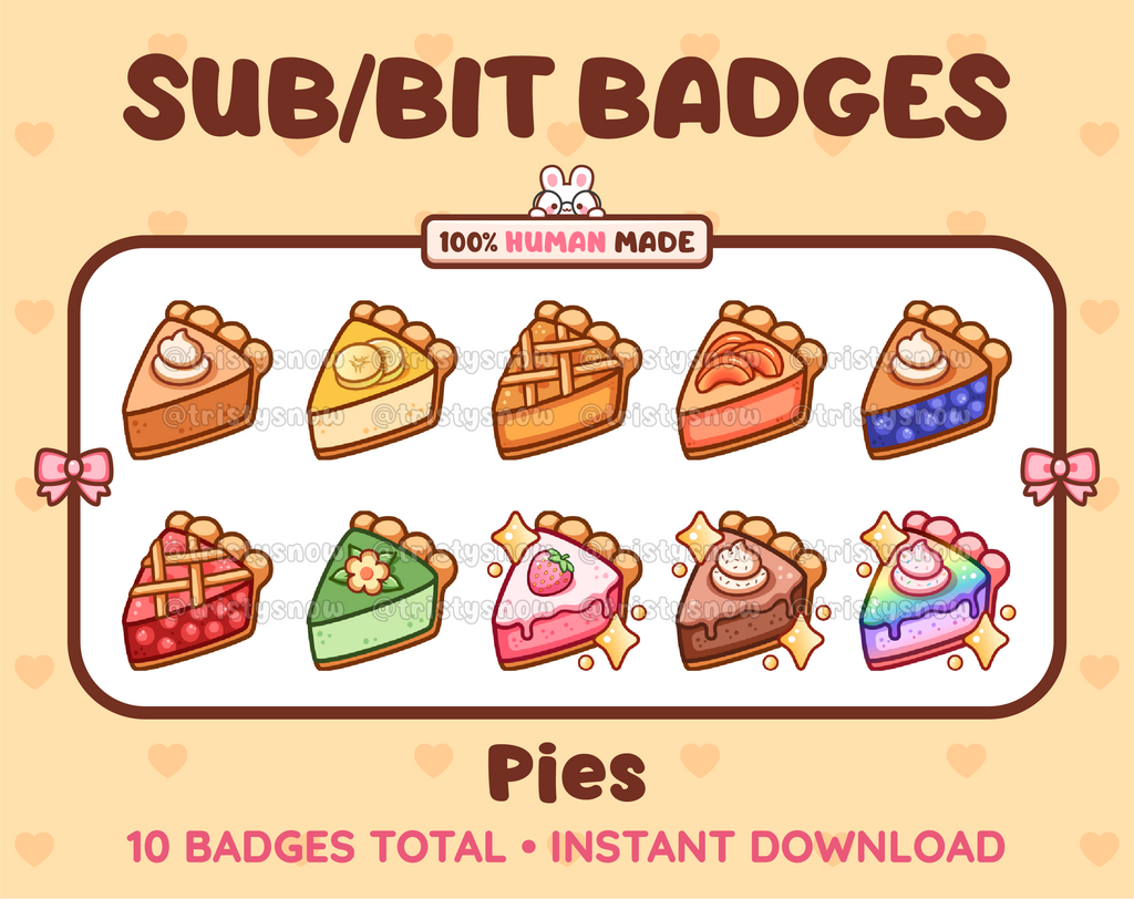 Pie Twitch sub badge pack featuring 10 subscriber badges with different flavors.