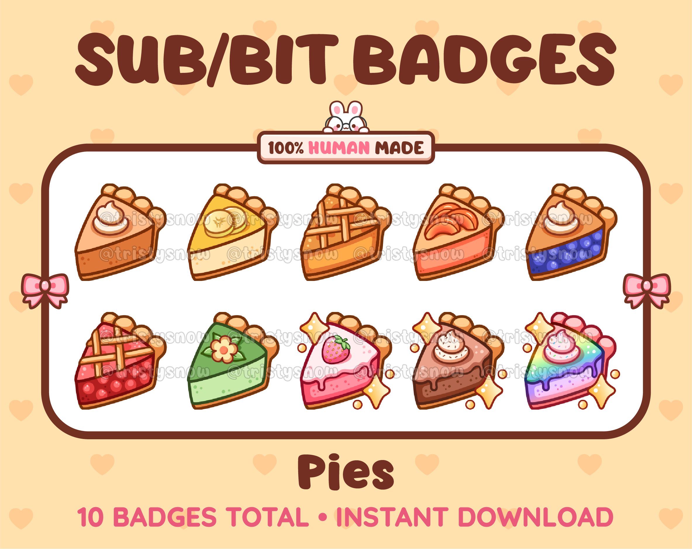Pie Twitch sub badge pack featuring 10 subscriber badges with different flavors.