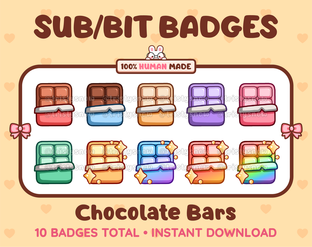 Chocolate Bar Twitch sub badge pack featuring 10 subscriber badges in multiple color variations.