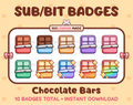 Chocolate Bar Twitch sub badge pack featuring 10 subscriber badges in multiple color variations.