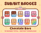Chocolate Bar Twitch sub badge pack featuring 10 subscriber badges in multiple color variations.