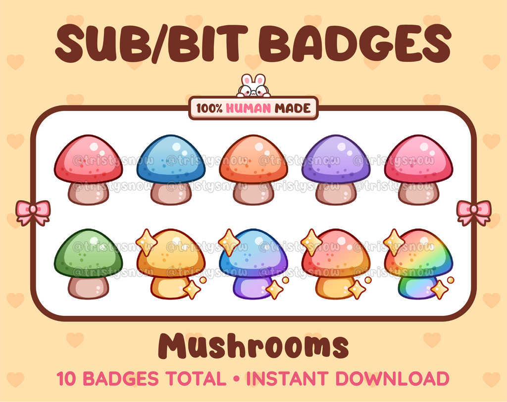 Mushroom Twitch sub badge pack featuring 10 subscriber badges in multiple color variations.