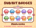 Mushroom Twitch sub badge pack featuring 10 subscriber badges in multiple color variations.