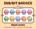 Mushroom Twitch sub badge pack featuring 10 subscriber badges in multiple color variations.