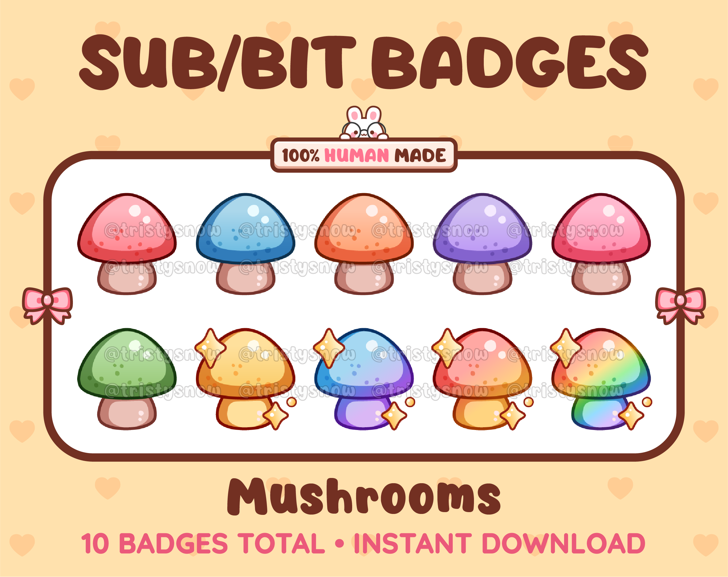 Mushroom Twitch sub badge pack featuring 10 subscriber badges in multiple color variations.