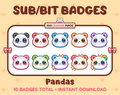 Panda Bear Twitch sub badge pack featuring 10 subscriber badges in multiple color variations.
