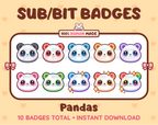 Panda Bear Twitch sub badge pack featuring 10 subscriber badges in multiple color variations.