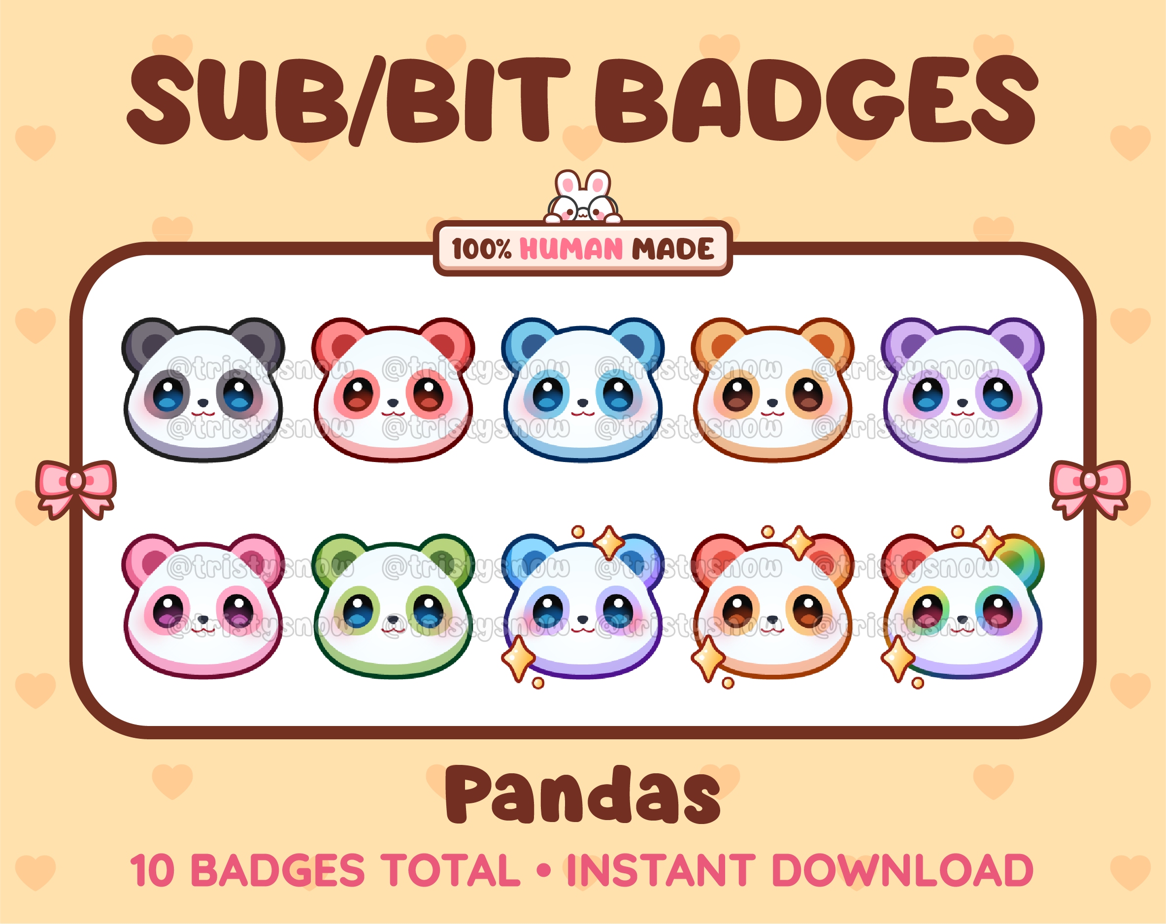 Panda Bear Twitch sub badge pack featuring 10 subscriber badges in multiple color variations.