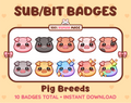 Pig Twitch sub badge pack featuring 10 subscriber badges in multiple color variations.