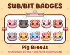 Pig Twitch sub badge pack featuring 10 subscriber badges in multiple color variations.