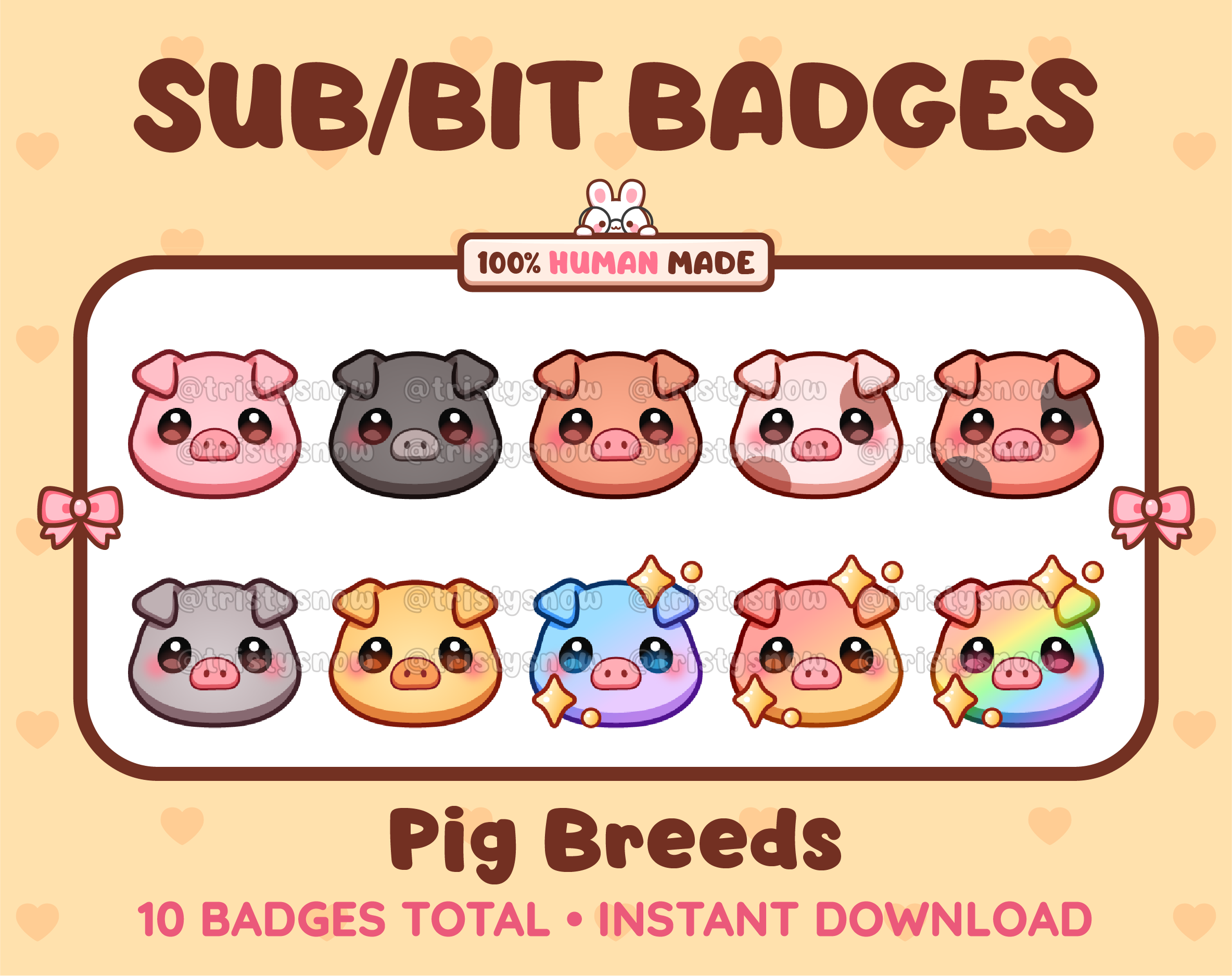 Pig Twitch sub badge pack featuring 10 subscriber badges in multiple color variations.
