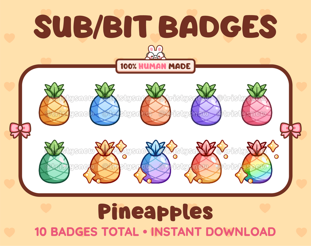 Pineapple Twitch sub badge pack featuring 10 subscriber badges in multiple color variations.