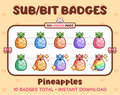 Pineapple Twitch sub badge pack featuring 10 subscriber badges in multiple color variations.