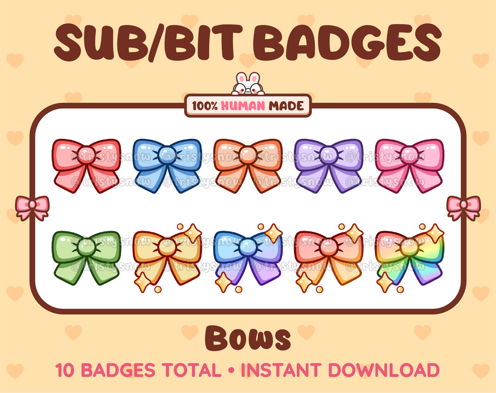 Bow Twitch sub badge pack featuring 10 subscriber badges in multiple color variations.
