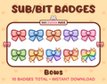 Bow Twitch sub badge pack featuring 10 subscriber badges in multiple color variations.
