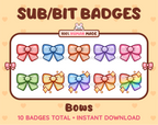 Bow Twitch sub badge pack featuring 10 subscriber badges in multiple color variations.