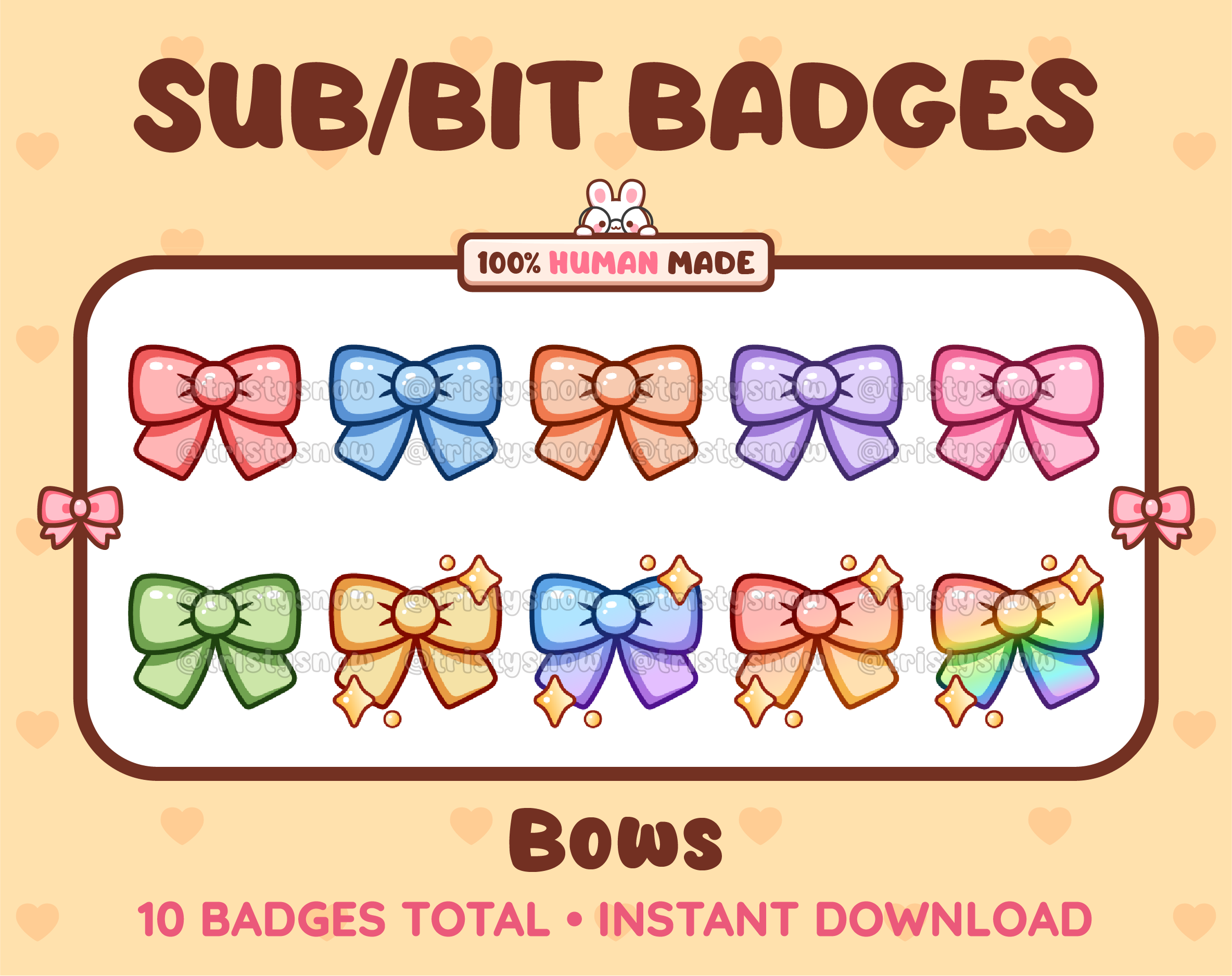 Bow Twitch sub badge pack featuring 10 subscriber badges in multiple color variations.