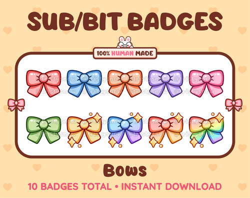 Bow Twitch sub badge pack featuring 10 subscriber badges in multiple color variations.
