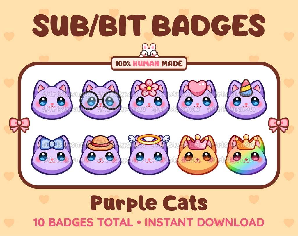 Purple Cat Twitch sub badge pack featuring 10 subscriber badges with progressive addon elements.
