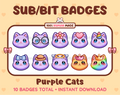 Purple Cat Twitch sub badge pack featuring 10 subscriber badges with progressive addon elements.